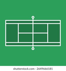 Clean illustration of a tennis court with white lines against a green background, great for sports themed designs and presentations.