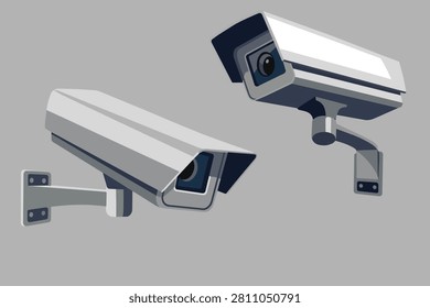 Clean illustration of two outdoor CCTV security cameras shown from different viewing angles, featuring modern protective housings, adjustable wall mounts