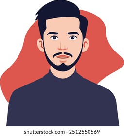 Uma ilustração limpa de um jovem com cabelo preto curto, uma barba e uma camisa escura, colocada contra um simples fundo abstrato vermelho.