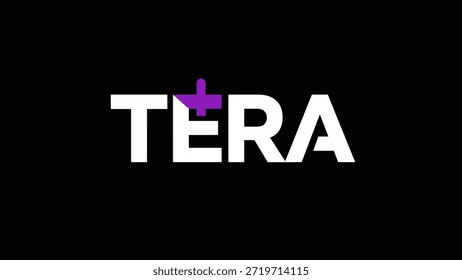 Un logotipo limpio e impactante con la palabra 'TERA' en letras blancas y negritas sobre un fondo negro puro. Un símbolo púrpura sutil pero distinto