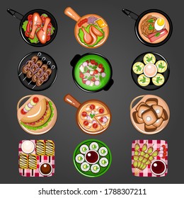 Clean Indian dinner plates with food icons - Vector illustration