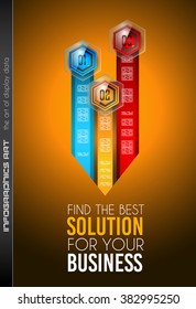 Clean Infographic Layout Template for data and information analysis with a number of solutions available. Ideal for product presentation, item ranking, ideas evaluation and so on.
