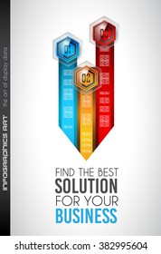 Clean Infographic Layout Template for data and information analysis with a number of solutions available. Ideal for product presentation, item ranking, ideas evaluation and so on.