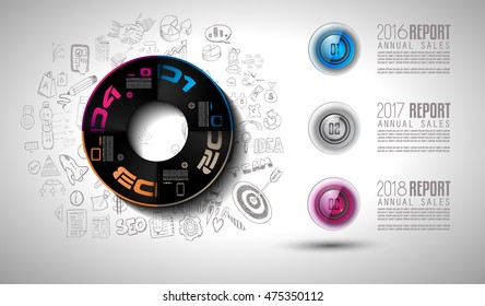 Clean Infographic Layout Template for data and information analysis with a number of solutions available. Ideal for product presentation, year production reports and so on.