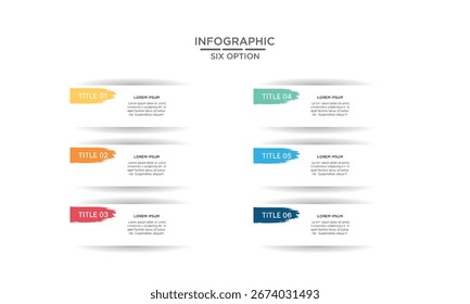 A clean infographic template featuring six colorful brushstroke-style options or steps, ideal for business presentations, marketing, and data visualization.