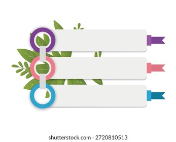 A clean infographic template featuring three horizontal white text boxes linked vertically by colored rings (purple, pink, blue). The design is accented with stylized green leaves.