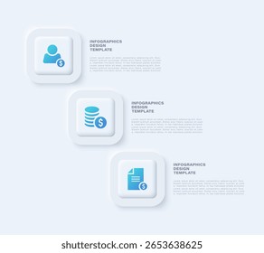 Clean infographic template. Three steps infographic layout in neumorphism style