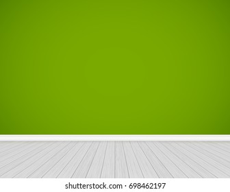 Clean interior template, empty green wall with wooden floor background