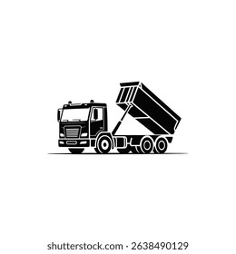 A clean, isolated black and white vector illustration of a dump truck with the truck bed raised, suitable for logo design, engineering, or construction projects.
