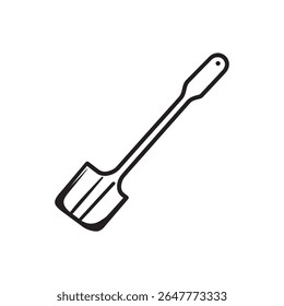 Desenho limpo e isolado de uma espátula de bolo em simples arte de linha preta com uma alça arredondada e cabeça fendida; é minimalista e moderno com um fundo transparente.