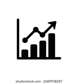 Ícone Limpe isolado exibindo um gráfico de barras pretas ascendendo com uma seta apontando para cima, definido em um plano de fundo transparente. Design simples e moderno para várias aplicações.