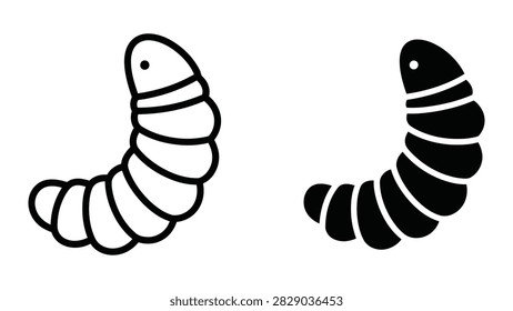 A clean isolated vector icon of a single segmented insect larva or grub featuring both outline and solid design options. Excellent for agricultural biological or environmental educational content.