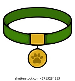 A clean, isolated vector illustration of a green pet collar with a golden buckle and a circular tag featuring a paw print.