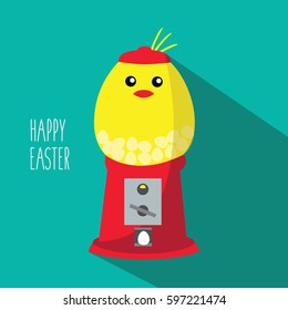  clean isolated vector modern greeting card & one cool gumball machine with a nice and simple cute sweet little chocolate egg surprise & big baby sweet yellow chick with text happy easter 
