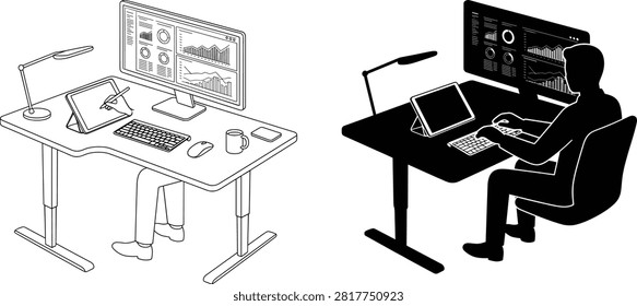 A clean isometric black and white vector illustration depicting a modern workspace setup with an adjustable standing desk, computer monitor showing data analytics, tablet, keyboard, mouse, and office lighting. This professional business and technology graphic is ideal for corporate websites, tech blogs, remote work guides, and financial presentations.