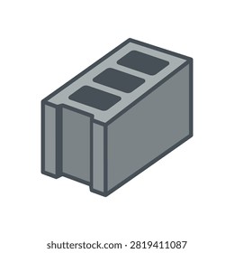 A clean isometric vector illustration of a grey cinder block or concrete masonry unit used in construction