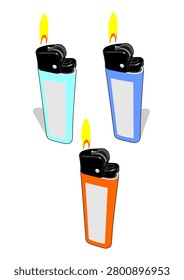 A clean isometric vector illustration showcasing three disposable gas lighters in cyan, blue, and orange colors, each ignited with a bright yellow flame on a solid white background.
