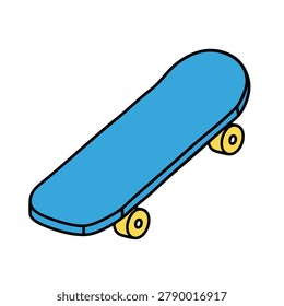 A clean isometric vector illustration of a simple blue skateboard with bright yellow wheels isolated on a white background