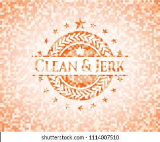 Clean & Jerk abstract emblem, orange mosaic background