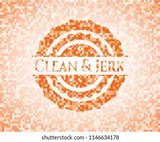 Clean & Jerk abstract emblem, orange mosaic background
