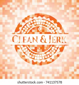 Clean & Jerk abstract emblem, orange mosaic background