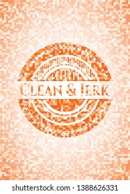 Clean & Jerk orange tile background illustration. Square geometric mosaic seamless pattern with emblem inside.