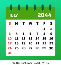 Clean July 2044 calendar. Flat vector design, blank template, perfect for notes