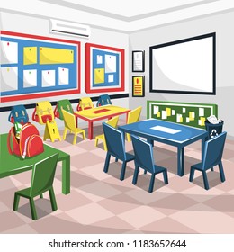 Clean Junior High School Classroom with White Board, Colorful Study Table and Chair, recycle bin and student bag for Cartoon Vector Illustration Interior