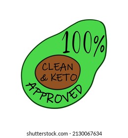 Clean and keto approved sign at insignia sticker. Isolated on white healthy product label for dietary nutrition. Green avocado element with sign, quality badge, vector illustration