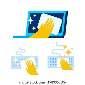 Clean keyboard,disinfect, laptop vector flat illustation set. Cleaning