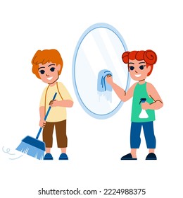 clean kid vector. children, child home, girl wash, happy boy, room help, cute baby, floor house hygiene clean kid character. people flat cartoon illustration
