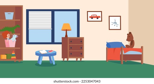 Clean kids bedroom with bed, shelves and toys - cartoon flat vector illustration. Children room interior. Playroom for little kids and babies.