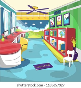 Clean Kids Library School Room with Ceiling Fan, wall painting, globe, books in the cupboard for Cartoon Vector Illustration Interior