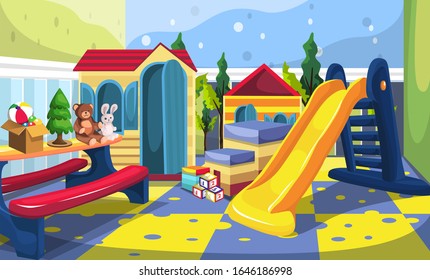 Clean Kids Playground Room with Slide, Toys House, Box of Toys, Cube Games, Teddy Bear and Rabbit Dolls with colorful Style for Vector Illustration Interior Design Ideas 