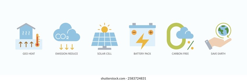 Clean Kinetics: Icon Set Isolated Vector With Icon Of Geo Heat, Emission Reduce, Solar Cell, Battery Pack, Carbon Free, Save Earth In Flat Style