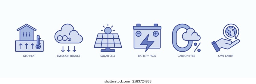 Clean Kinetics: Icon Set Isolated Vector With Icon Of Geo Heat, Emission Reduce, Solar Cell, Battery Pack, Carbon Free, Save Earth In Blue Style