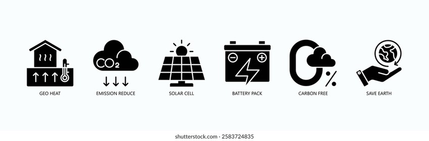 Clean Kinetics: Icon Set Isolated Vector With Icon Of Geo Heat, Emission Reduce, Solar Cell, Battery Pack, Carbon Free, Save Earth In Glyph Style