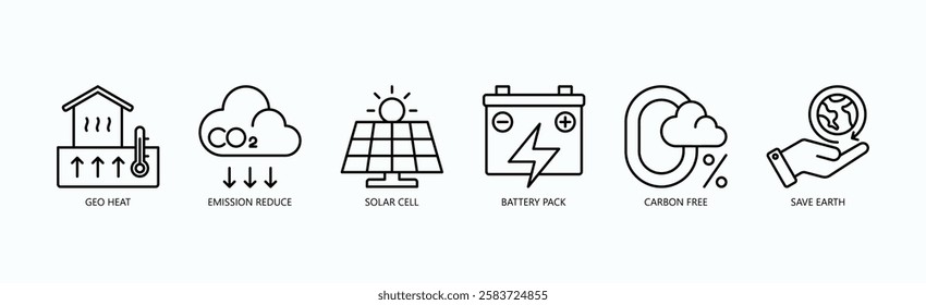 Clean Kinetics: Icon Set Isolated Vector With Icon Of Geo Heat, Emission Reduce, Solar Cell, Battery Pack, Carbon Free, Save Earth In Outline Style