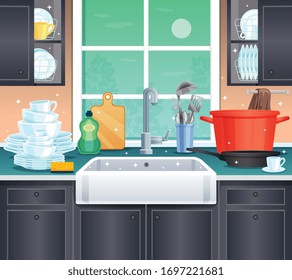 Clean kitchen background with washing kitchen utensils symbols flat vector illustration 