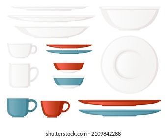 Clean kitchen dishware set with mugs plates saucers vector illustration on white background
