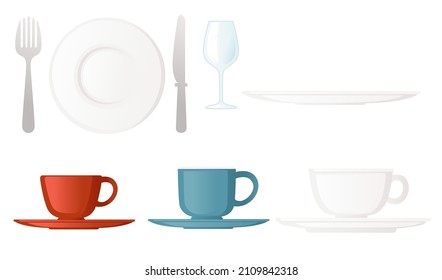 Clean kitchen dishware set with mugs plates saucers vector illustration on white background