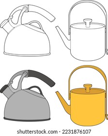 Desmonta el arte vectorial Kettle. Calentador con mango aislado sobre fondo blanco. Vector de estilo de arte lineal Kettle en línea para libro de colorear. 
