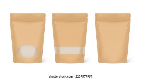 Clean kraft pouch with windows. Vector illustration. Your product is visible through the window. Perfect for the presentation of your product. EPS10.