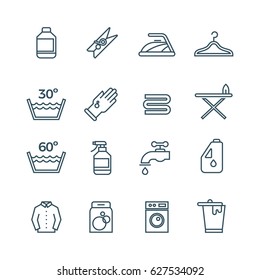 Clean laundry and dryer service vector line icons