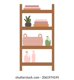 Clean laundry on shelves, basket for linen, washing gel and pottery plant. Flat vector illustration isolated on white background