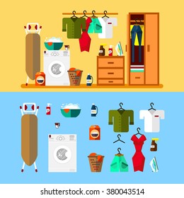 Clean laundry room in flat style. Icon wash machine, icon flasket, icon ironing board, icon iron, icon washing powder, clothes. Laundry clean objects. Cleaning service. Clean icon vector illustration.