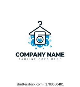 Limpie la ropa, lave las etiquetas vectoriales, los emblemas, los logotipos. Lavadora y percha