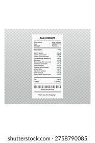 A clean layout of a store payment receipt showing a list of items, prices, tax, and a total amount of 184.10 for financial and retail concepts.
