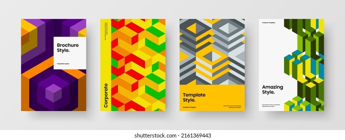 Clean leaflet design vector illustration bundle. Original mosaic shapes corporate brochure template composition.
