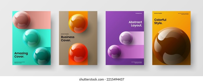 Clean leaflet vector design template composition. Trendy realistic balls journal cover illustration collection.